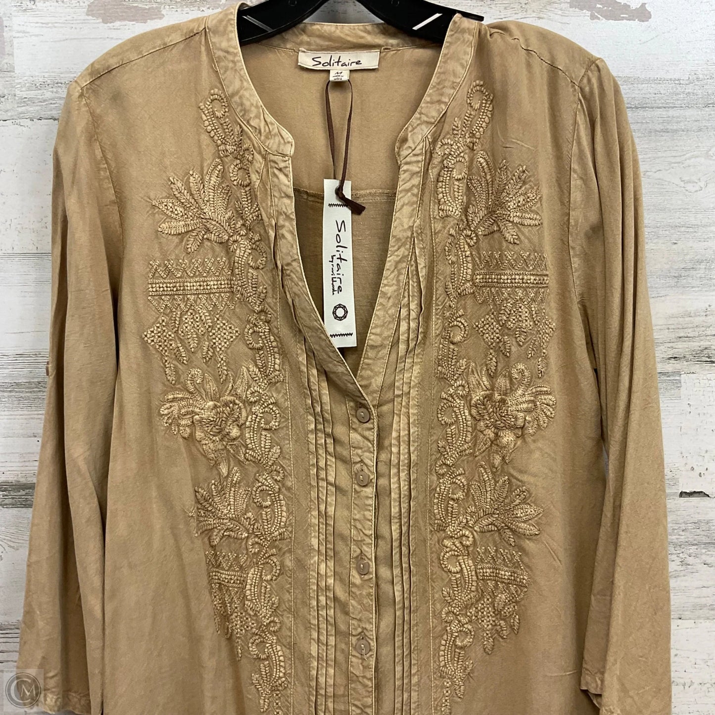 Blouse Long Sleeve By Solitaire In Brown, Size: M