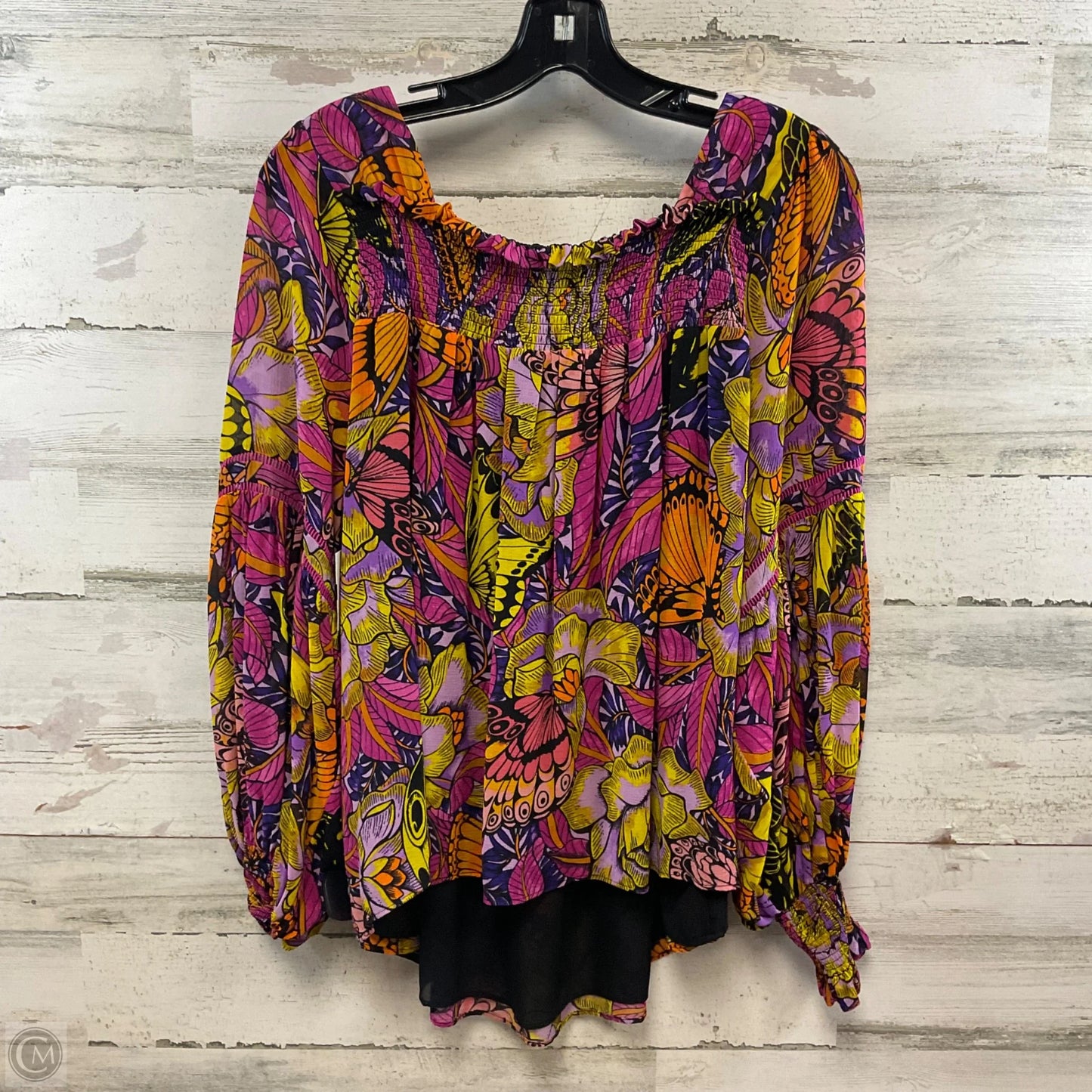Blouse Long Sleeve By Anthropologie In Purple & Yellow, Size: 1x