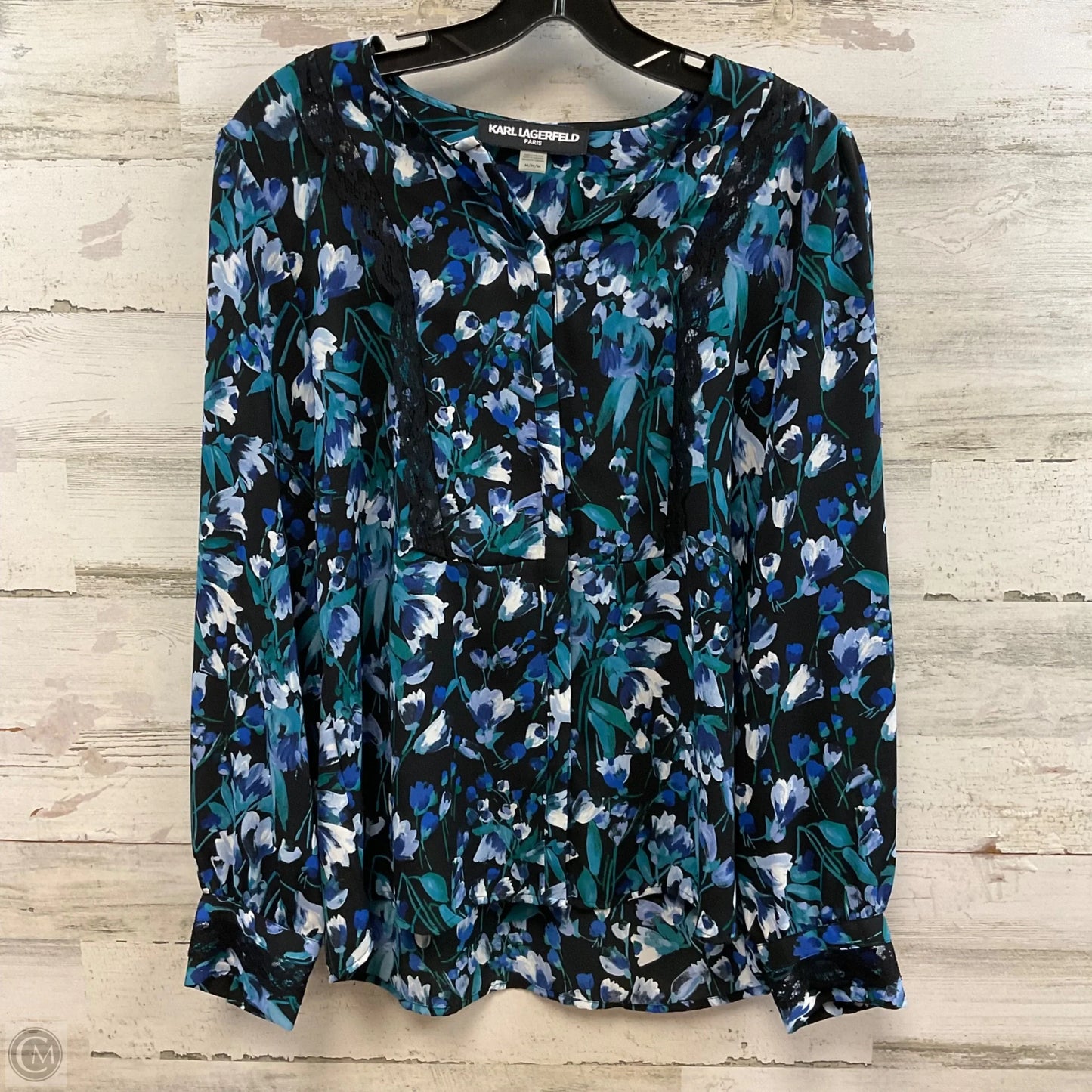 Blouse Long Sleeve By Karl Lagerfeld In Black & Blue, Size: M
