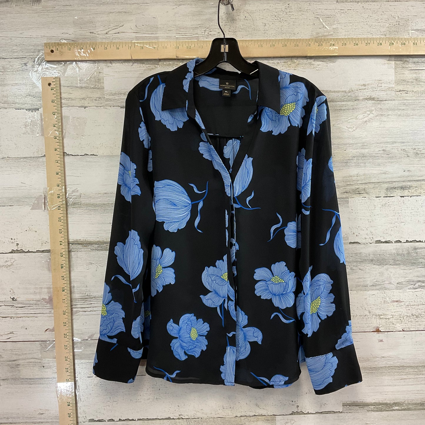 Blouse Long Sleeve By Worthington In Black & Blue, Size: Petite L