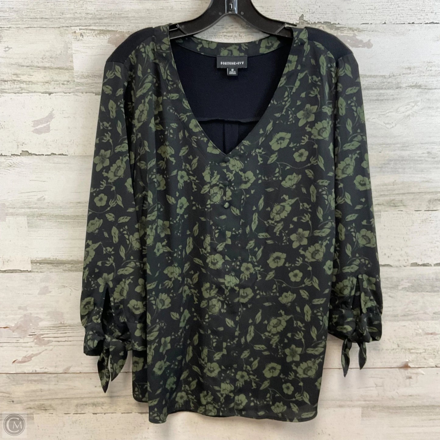 Blouse 3/4 Sleeve By Fortune & Ivy In Black & Green, Size: M