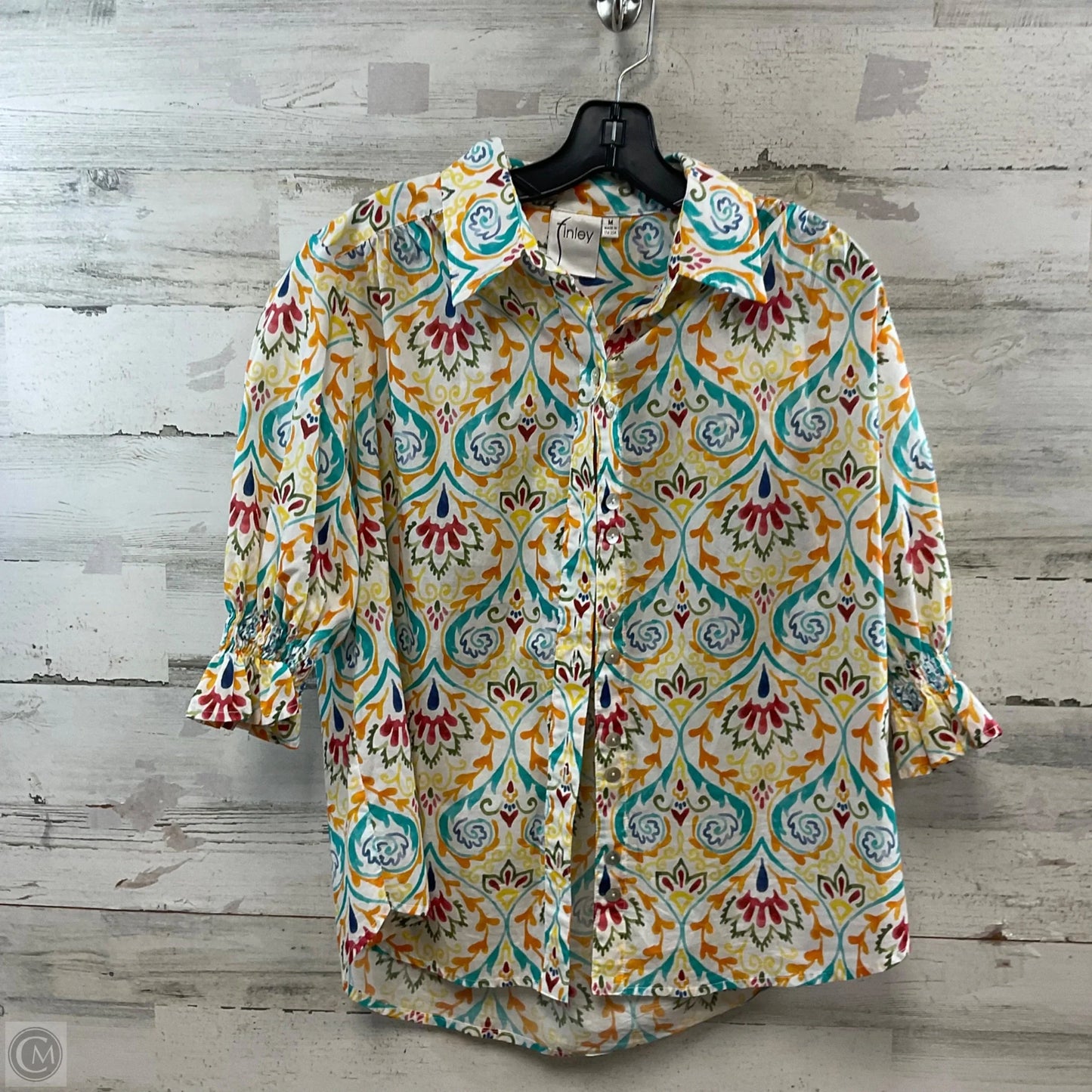 Blouse 3/4 Sleeve By FINLEY In White & Yellow, Size: M