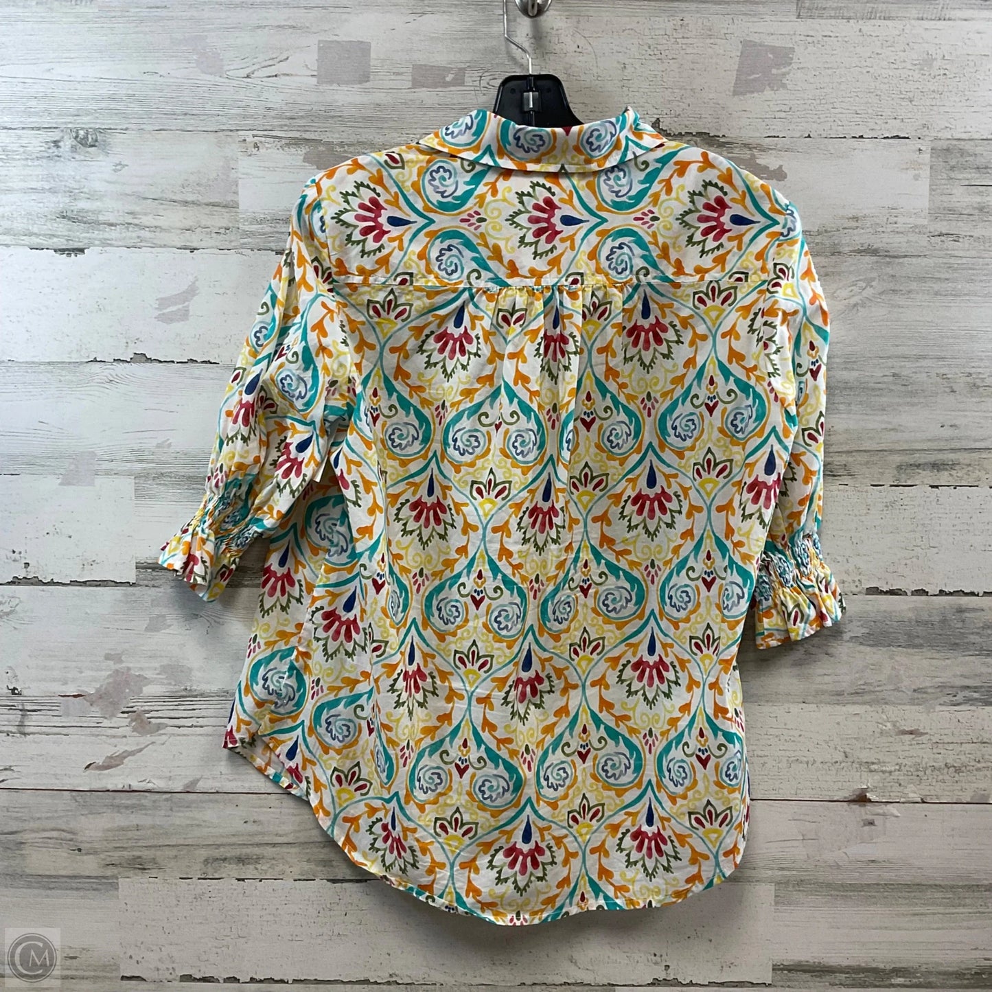 Blouse 3/4 Sleeve By FINLEY In White & Yellow, Size: M