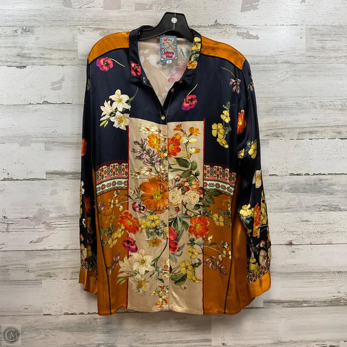 Blouse Long Sleeve By Johnny Was In Blue & Gold, Size: Xl