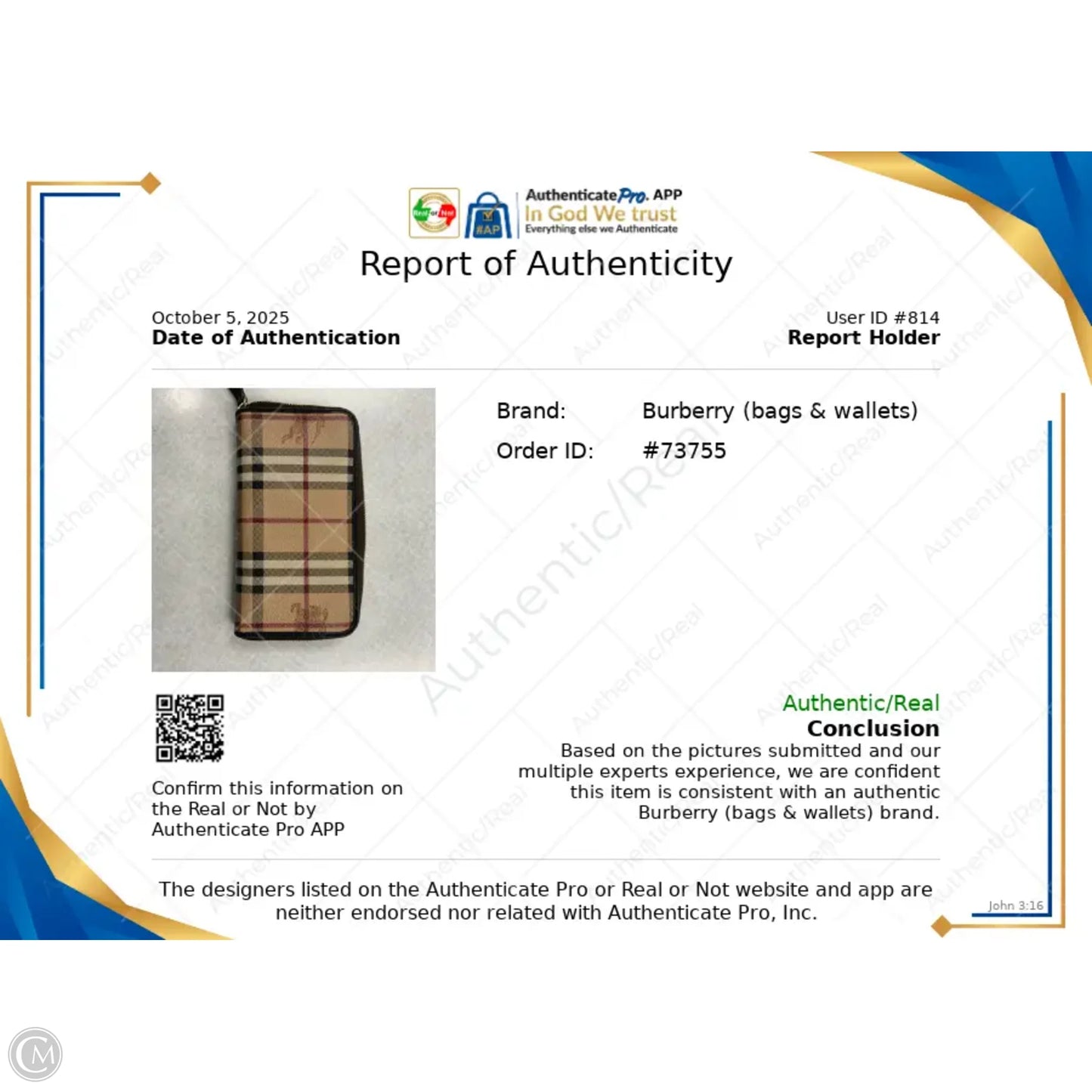Wallet Luxury Designer By Burberry, Size: Medium