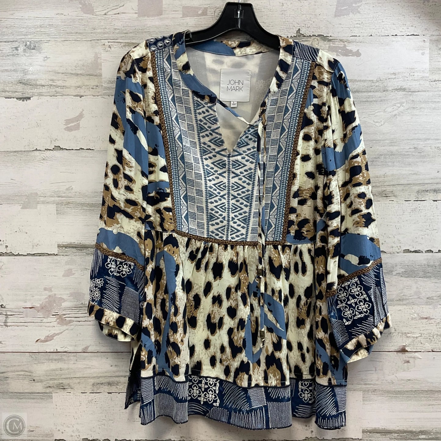 Blouse 3/4 Sleeve By John Mark In Blue & Brown, Size: L