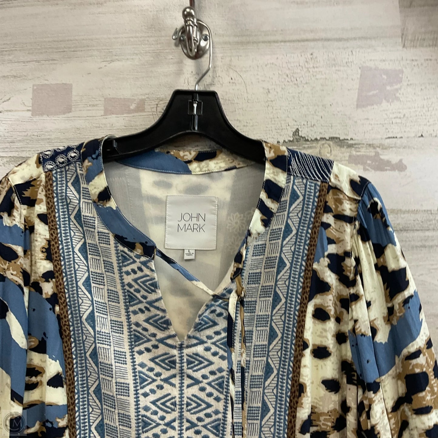 Blouse 3/4 Sleeve By John Mark In Blue & Brown, Size: L