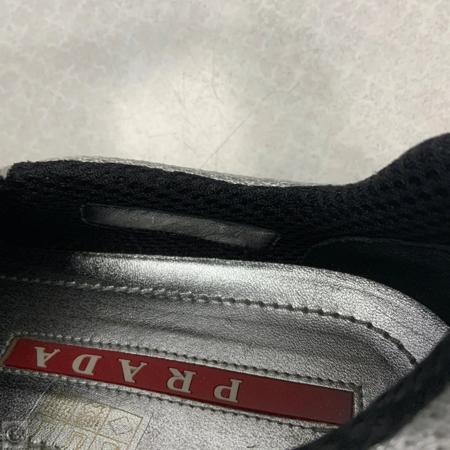 Shoes Luxury Designer By Prada In Grey, Size: 6.5