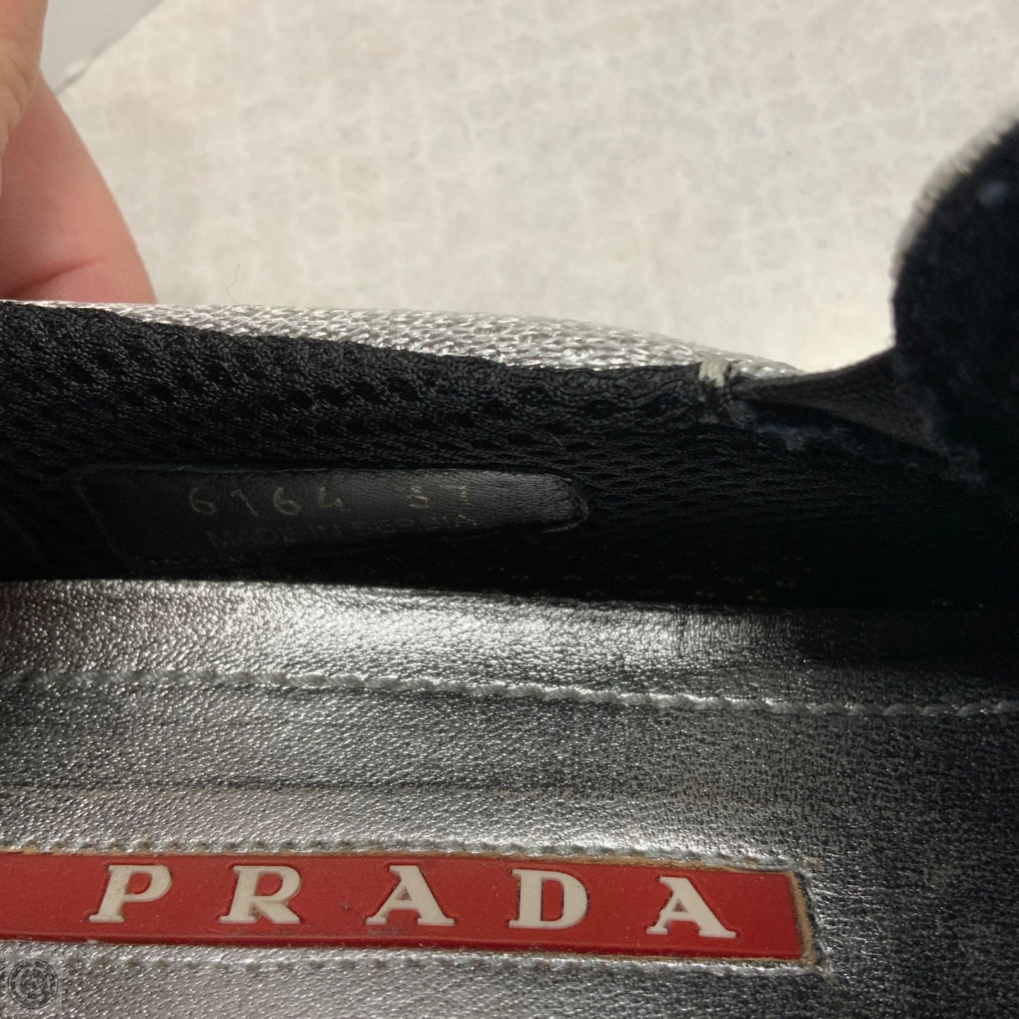 Shoes Luxury Designer By Prada In Grey, Size: 6.5