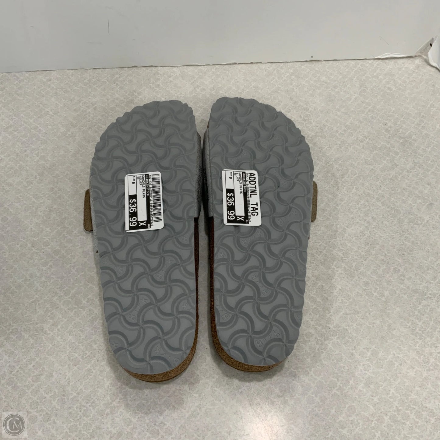 Sandals Flats By Birkenstock In Silver, Size: 9