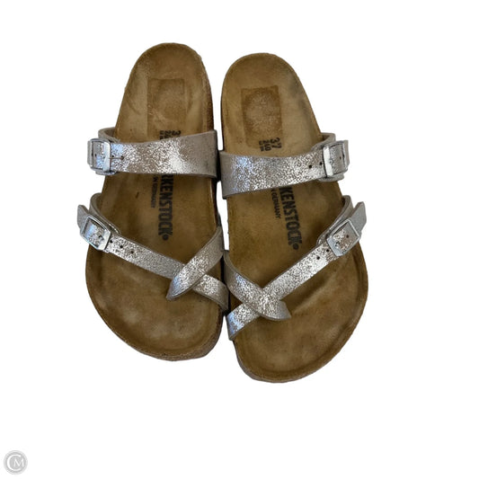 Sandals Flats By Birkenstock In Silver, Size: 6