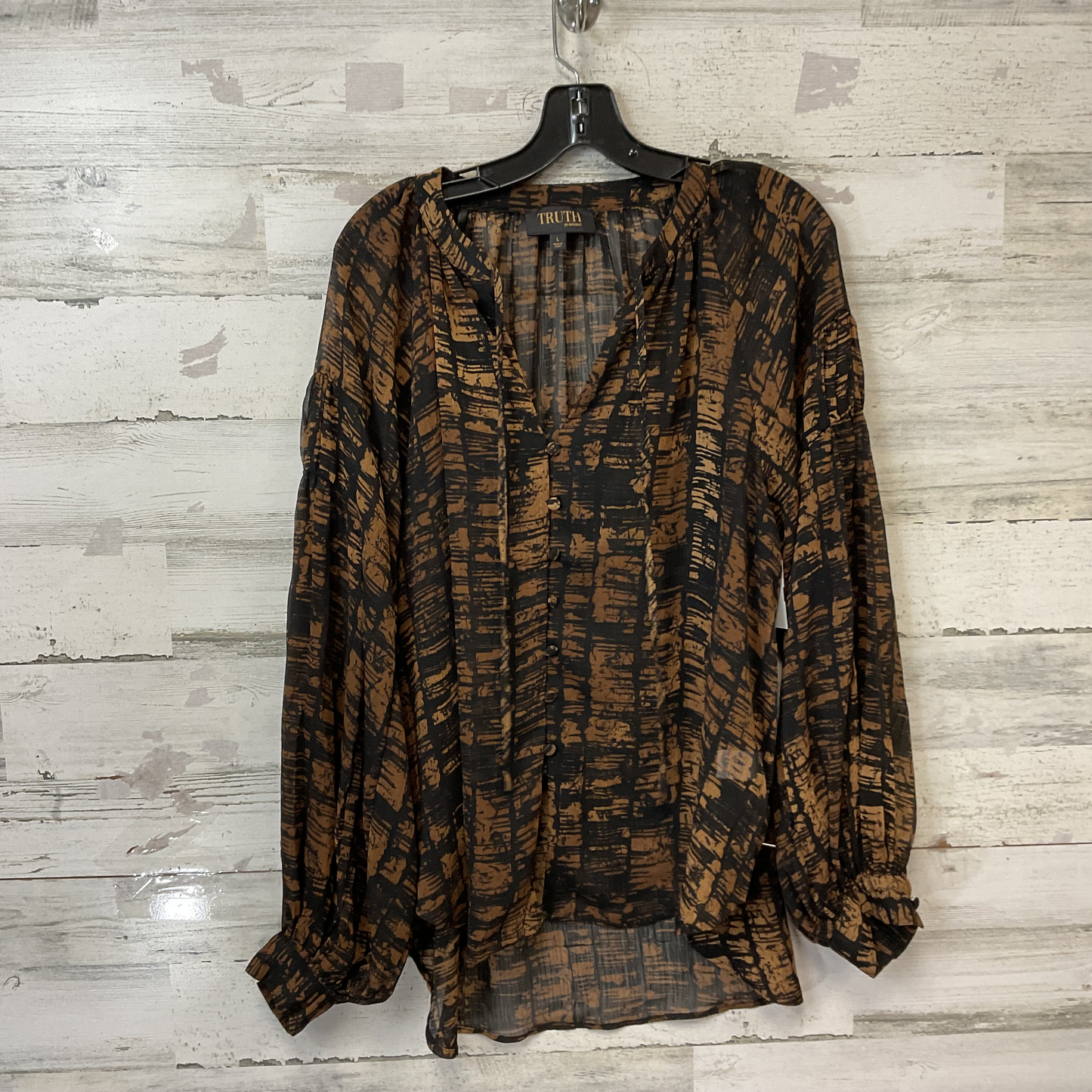 Blouse Long Sleeve By Truth In Black & Tan, Size: L