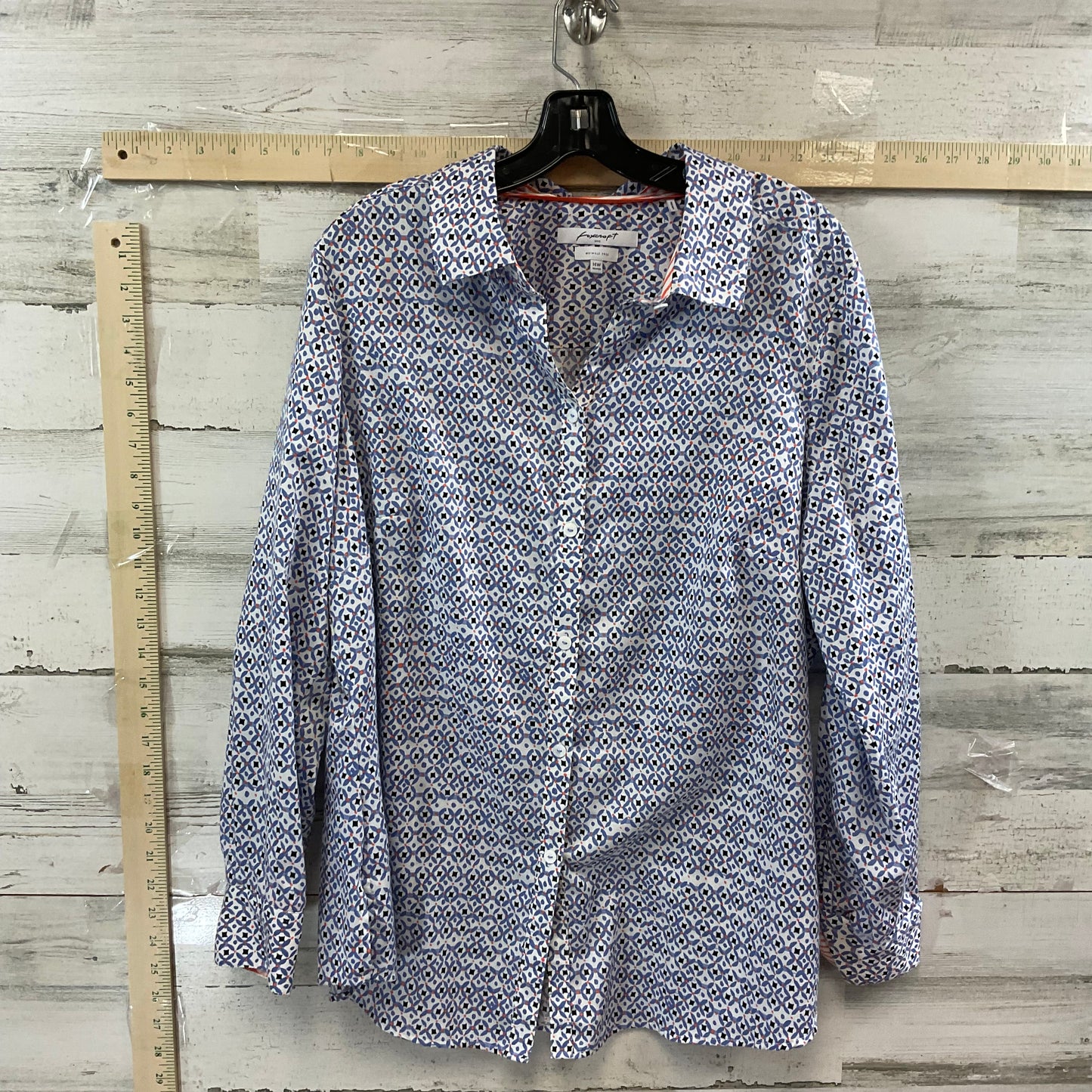 Blue & White Blouse 3/4 Sleeve Foxcroft, Size L