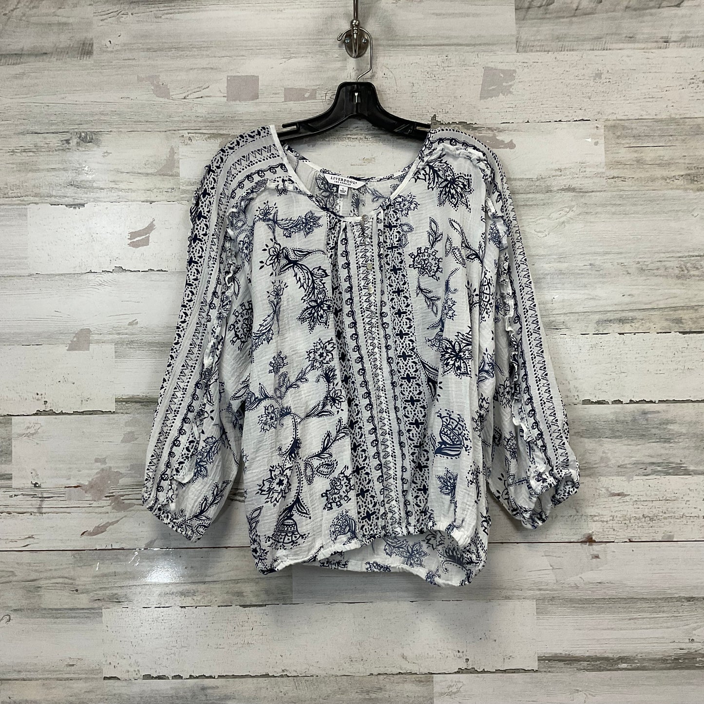 Blouse Ls By Liverpool In Blue & White, Size:L